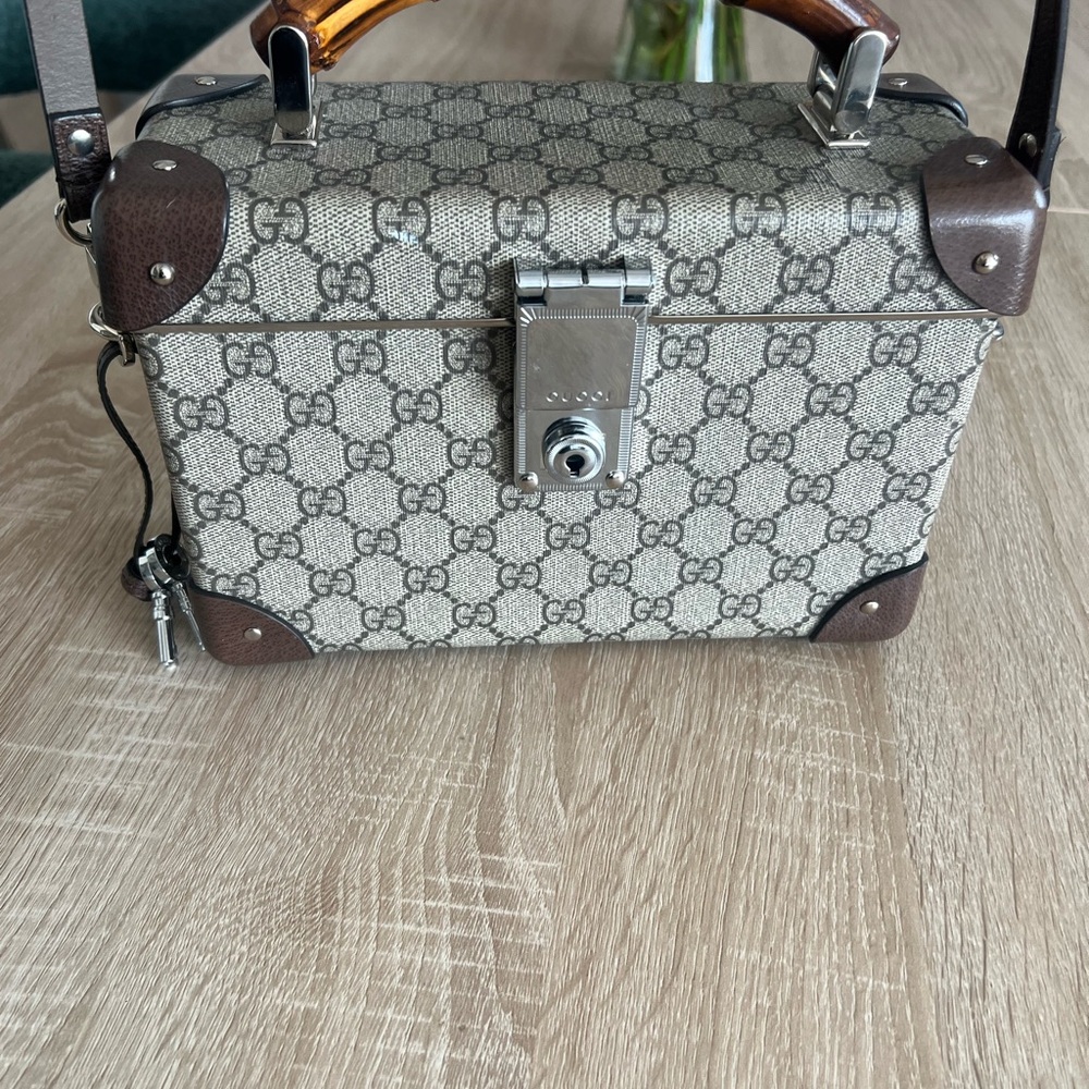 Like New Gucci Supreme Beige and Brown Monogram Globe Trotter Vanity Bag